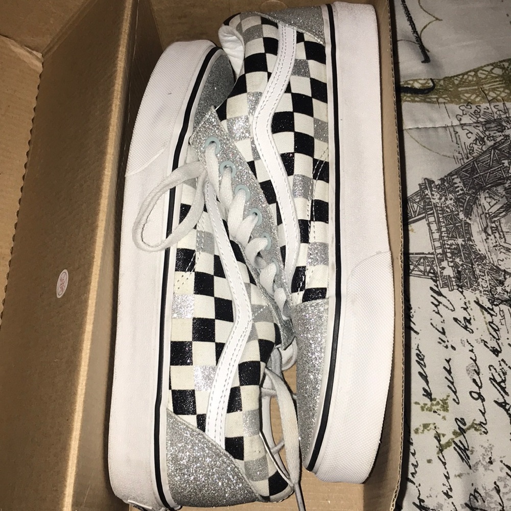 Vans Old Skool Glitter Checkerboard Sneakers - Black and White